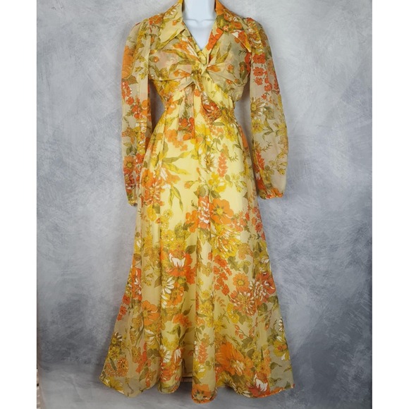 Dresses & Skirts - Vntg Floral Dress Jacket Womens 12 Yellow Chiffon Maxi 70s Mod Flutter Sleeve